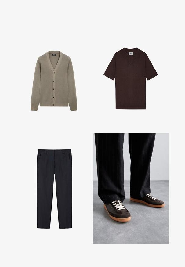 Massimo Dutti BUTTONED V-NECK LONG SLEEVE - Kofta - light brown; Brun polo skjorta gjord av texturerat tyg, med spetsig krage och korta ärmar. Märket visar "NN. 07" vid kragen.; Svarta raka byxor med elastisk midja, bältesloopar och sidofickor, uppvisade liggande på vit bakgrund.; Mörkbruna mockasneakers med krämfärgade skosnören, vita detaljer och en beige gummisula. Bärs med svarta smalrandiga byxor.