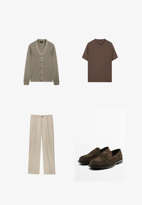 Massimo Dutti BUTTONED V-NECK LONG SLEEVE - Kardigan - light brown; Hnědé bavlněné tričko s kulatým výstřihem a krátkým rukávem. Jednoduchý design s rovnoměrnou strukturou a uvolněným střihem. Bez vzorů nebo akcentů.; Béžové kalhoty klasického střihu, se jedním černým knoflíkem, poutky na opasek a bočními kapsami. Hladká textilie a minimalistický design.; Pár tmavě hnědých semišových mokasín s černými podrážkami, zdobených klasickým páskem na mince, vystavených na bílém pozadí.