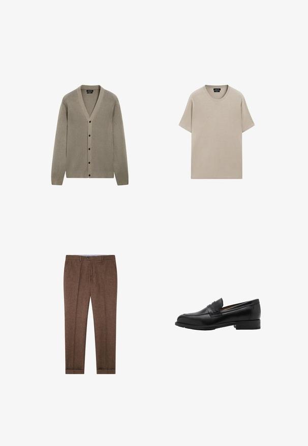 Massimo Dutti - Kardigan; Beżowy bawełnowy t-shirt z okrągłym dekoltem, krótkim rękawem i luźnym krojem. Gładka faktura z jednolitym wzorem, bez widocznych wzorów ani akcentów.; Brązowe dopasowane spodnie z subtelną teksturą, z zakładkami, zapięciem na guzik i mankietami na końcu. Idealne do noszenia na uroczyste lub pół-uroczyste okazje.; Czarne skórzane mokasyny z przeszywaną przednią częścią i płaskim obcasem. Gładka tekstura z zaokrąglonym noskiem i dekoracyjnym paskiem na wierzchu stopy.