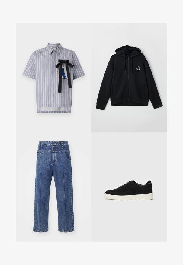 Čierna mikina na zips vyrobená z mäkkej textílie, s podšívkou kapucne, dvoma prednými vreckami a malým bielym logom na ľavej hrudi.; Dhruv Kapoor CUT OUT BADGE SHIRT - Košeľa - multi coloured; Modré džínsy s uvoľneným strihom, rovnými nohavicami, prednými vreckami a s uzatváraním na gombík. Majú minimálne švy.; Čierne semišové tenisky s šnurovacím dizajnom a kontrastnou bielou gumovou podrážkou. Obsahujú štruktúrované bočné panely a jemné logo na päte.