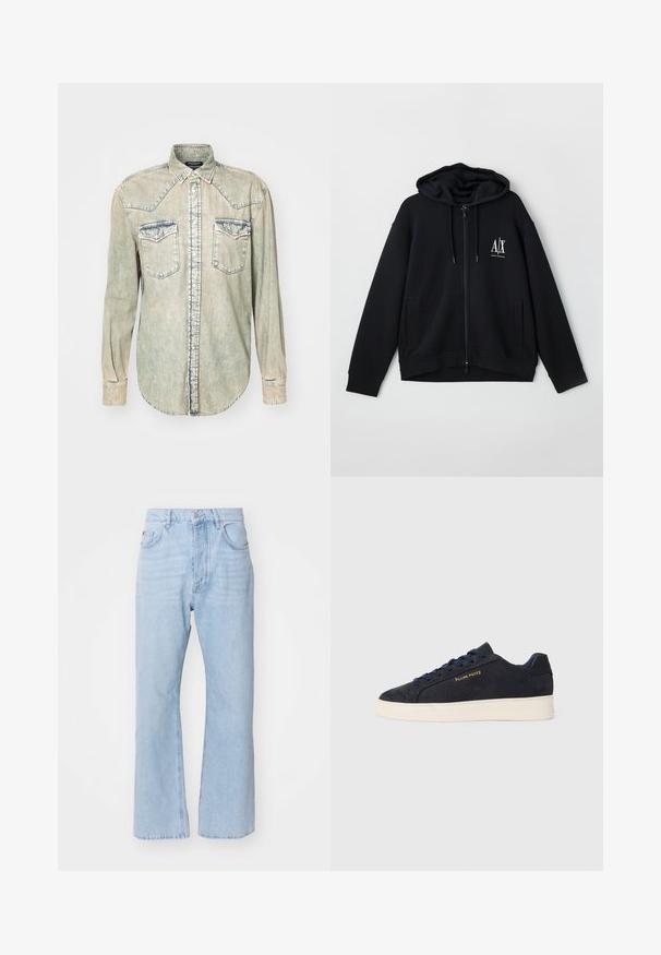 Sudadera negra con cremallera hecha de tejido suave, que cuenta con una capucha forrada, dos bolsillos frontales y un pequeño logo blanco en el lado izquierdo del pecho.; Camisa de mezclilla de color claro con mangas largas, cuello puntiagudo, dos bolsillos en el pecho y costuras de contraste a lo largo de las costuras y bordes.; Vaqueros de denim en un azul claro con un ajuste holgado, diseño de pierna recta, estilo clásico de cinco bolsillos y cierre de botón metálico.; Zapatilla baja de ante azul marino con suela blanca, cordones azul marino y logo de "Filling Pieces" en dorado en el lateral.