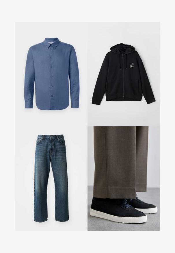 Sweatshirt preto com fecho éclair, feito de um tecido macio, apresentando um capuz forrado, dois bolsos frontais e um pequeno logótipo branco no lado esquerdo do peito.; Camisa azul de manga longa com colarinho e punhos pontiagudos, exibida contra um fundo branco.; NN.07 OTIS - Calças de ganga de perna direita - stonewashed; Sapatilhas de camurça pretas com solas de borracha brancas, apresentando um bico arredondado e atacadores, usadas com calças cinzas ajustadas.