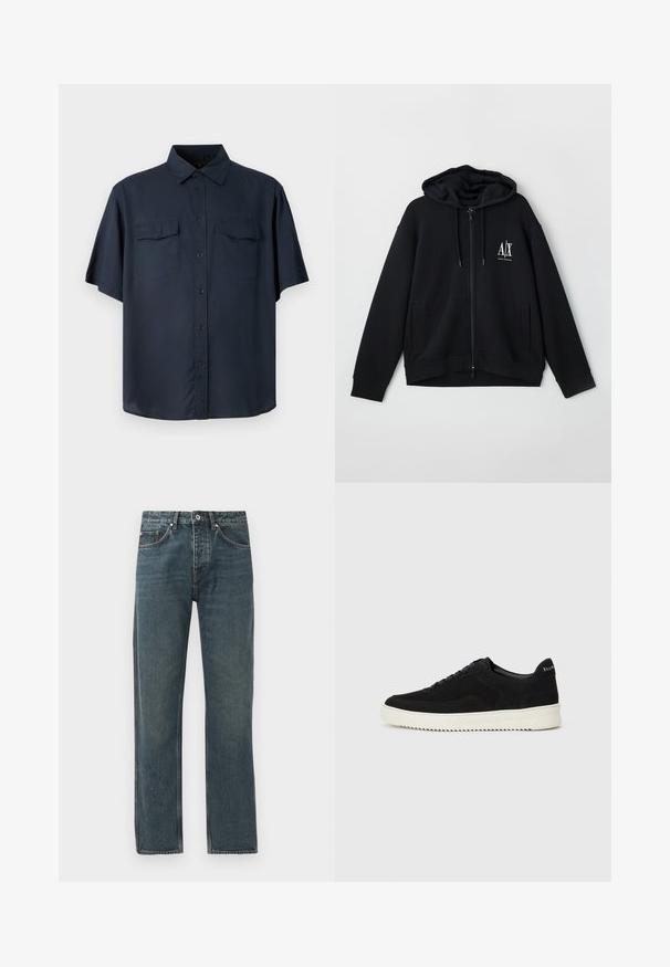 Svart zip-up hoodie i mjukt tyg, med en fodrad huva, två framfickor och en liten vit logotyp på vänster bröst.; Kortärmad skjorta med knäppning i mörk marinblått tyg, med två bröstfickor, en standardkrage och en avslappnad passform med rak nederkant.; Mörkblå denimjeans med rak bendesign, som har fem fickor, knappstängning och kontrasterande sömnadsdetaljer.; Svarta mockaskor med snörningsdesign och kontrasterande vita gummisulor. Har texturerade sidopaneler och diskret branding på hälen.