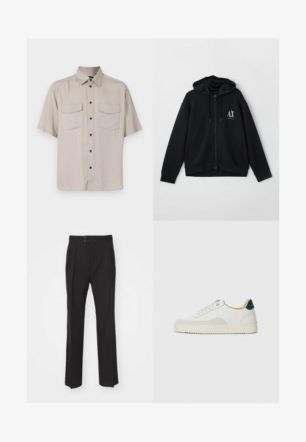 Mustan vetoketjullinen huppari, joka on valmistettu pehmeästä kankaasta. Hupparissa on vuorattu huppu, kaksi etutaskua ja pieni valkoinen logo vasemmassa rinnassa.; Hihansukka, vaaleanbeige nappitoppi, jossa on kaulus, kaksi läppätaskua ja mustat napit edessä. Tasainen, teksturoimaton kangas.; Musta räätälöityjen housujen suora lahjamuoto, jossa on kaksi etutaskua ja kaksipainon suljin vyötäröllä. Sileä kangas.; Valkoiset tennarit, joissa on nahkaosia, pyöreä kärki, tasaiset nauhat ja kermaisa kumi-pohja. Takana vihreä brändäys.