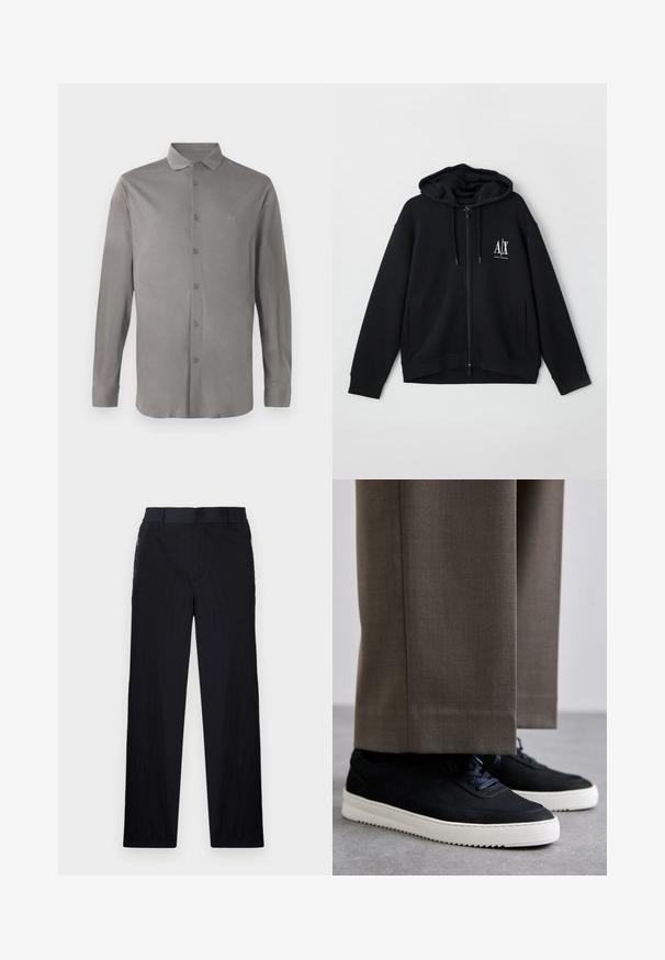 Svart zip-up hettegenser laget av myk stoff, med foret hette, to frontlommer og en liten hvit logo på venstre bryst.; Grå langermet skjorte laget av glatt stoff, med knappestolpe foran, klassisk krage og en subtil brodert logo på brystet.; Sorte bukser med lett og teksturert stoff, rett ben-design, elastisk midjebånd og sidelommer med glidelås.; Svarte suedeglans sneakers med hvite gummisåler, med rund tå og lisser, iført grå skreddersydde bukser.