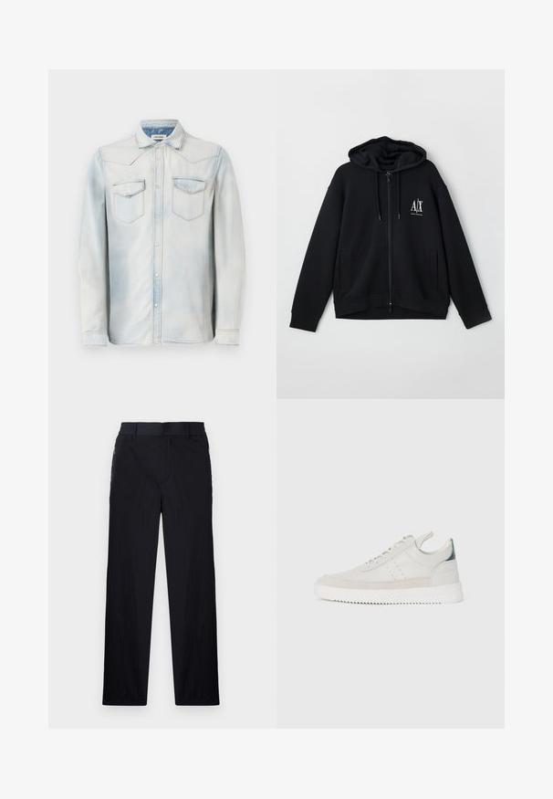 Hanorac negru cu fermoar, fabricat dintr-un material moale, având o glugă căptușită, două buzunare frontale și un mic logo alb pe partea stângă a pieptului.; Cămașă din denim albastru deschis, cu mâneci lungi, guler ascuțit și buzunare frontale. Prezintă o spălare decolorată și cusături în contrast.; Pantaloni negri dintr-un material ușor, texturat, cu croială drept pentru picioare, talie elastică și buzunare laterale cu fermoar.; Adidași din piele albă cu accente din sueded gri, design cu șireturi, tab de prindere și talpă din cauciuc texturat cu un model în zigzag.
