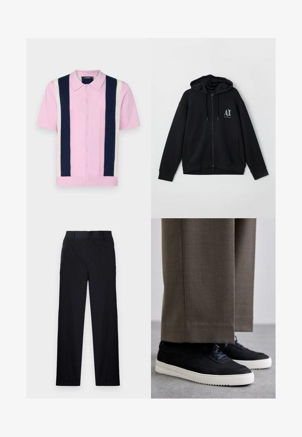 Svart zip-up hettegenser laget av myk stoff, med foret hette, to frontlommer og en liten hvit logo på venstre bryst.; J.LINDEBERG REYMOND STRUCTURE - Skjorte - pink lavender; Sorte bukser med lett og teksturert stoff, rett ben-design, elastisk midjebånd og sidelommer med glidelås.; Svarte suedeglans sneakers med hvite gummisåler, med rund tå og lisser, iført grå skreddersydde bukser.