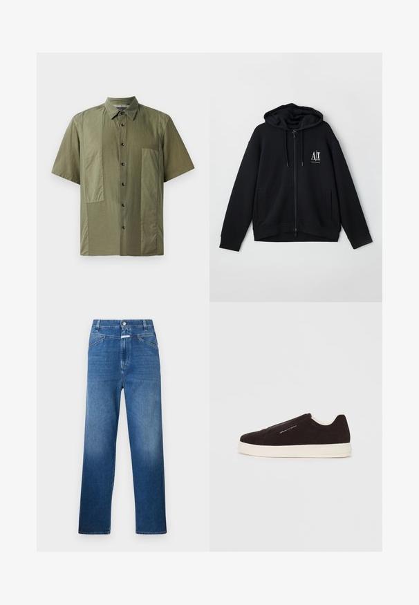 Must mustaga, mis on valmistatud pehmest kangast, voodriga kapuutsiga, kahe esistaskuga ja väikese valge logoga vasakul rinnal.; Lühikeste varrukate ja oliivrohelise värvusega särk, millel on nööpidega krae, tekstureeritud kangas ja suured klapptaskud ees. Mustad nööbid läbilõike ääres.; Sinine teksariie sirge lõikega, varustatud nööpkinni, vöökandjate ja õrnalt pleekinud kohtadega reie piirkonnas.; Mustad nahast slip-on tossud valge kummist tallaga, millel on sile tekstuur ja peene bränding küljel. Klassikaline disain ja struktuur.