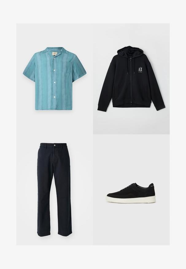 Črna zip-up kapuca iz mehkega blaga, z podloženim kapucem, dvema sprednjima žepoma in majhnim belim logotipom na levi strani prsnega koša.; Polegavna srajca s kratkimi rokavi v gradientnih teal odtenkih, s prsno žepom in razširjenim ovratnikom, prikazana na beli podlagi.; Mornarsko modri bombažni hlače s pravim krojem, ki imajo sprednji gumb in dva stranska žepa. Gladka tekstura, brez vidnih vzorcev.; Črni semiš teniški copati z vezalkami in kontrastnim belim gumijastim podplatom. Imajo teksturirane stranske panele in subtilno oznako na peti.