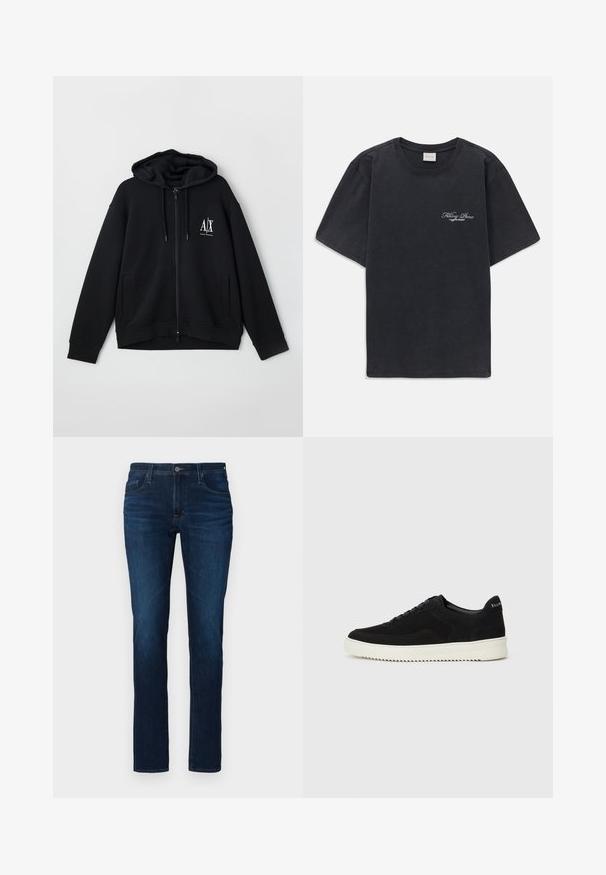 Fekete, cipzáros kapucnis pulóver, puha anyagból készült, bélelt kapucnival, két elülső zsebbel és egy kis fehér logóval a bal mellen.; Fekete, rövid ujjú, kerek nyakú póló, bal mellen kis fehér "Filling Pieces" szöveges logóval.; Sötétkék farmernadrág egyenes szabással, szabványos gomb- és cipzárzárral, öt zsebbel és enyhe kifakulással.; Fekete velúr sportcipő fűzős dizájnnal és kontrasztos fehér gumitalppal. Jellemzői a textúrázott oldalpanelek és a diszkrét logó a sarokon.