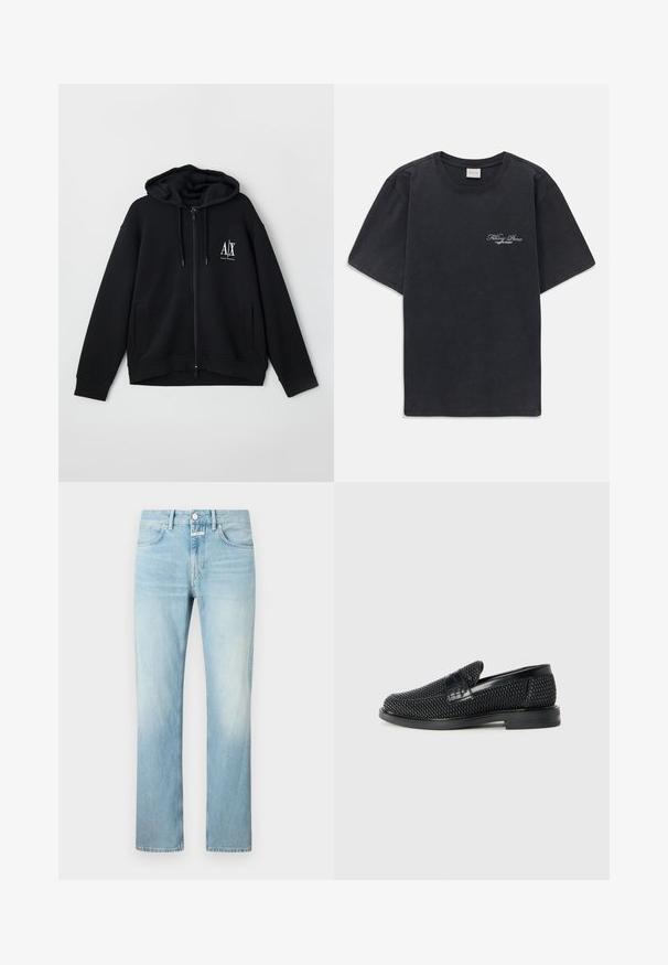 Sudadera negra con cremallera hecha de tejido suave, que cuenta con una capucha forrada, dos bolsillos frontales y un pequeño logo blanco en el lado izquierdo del pecho.; Camisa de tirantes negra con cuello redondo y logo pequeño en blanco de "Filling Pieces" en el lado izquierdo del pecho.; Vaqueros de mezclilla azul claro con un corte recto, que cuentan con un diseño clásico de cinco bolsillos y cierre de botones.; Zapato negro de tejido con un acento de cuero suave en la parte superior, diseño de punta redonda y suela de goma de perfil bajo.