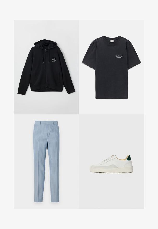 Hanorac negru cu fermoar, fabricat dintr-un material moale, având o glugă căptușită, două buzunare frontale și un mic logo alb pe partea stângă a pieptului.; Tricou negru cu mânecă scurtă și gât rotund, având un mic logo alb "Filling Pieces" pe partea stângă a pieptului.; Pantaloni dungati de culoare albastru deschis, cu o croială slim, având dungi verticale în alb. Confectionați dintr-un material neted cu un design ajustat.; Sneaker alb cu accente din suede, vârf rotund, șireturi plate și o talpă din cauciuc crem. Are un logo verde pe călcâie.