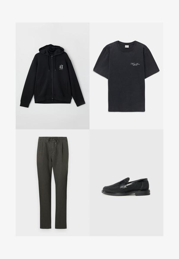 Svart zip-up hettegenser laget av myk stoff, med foret hette, to frontlommer og en liten hvit logo på venstre bryst.; Svart kortermet t-skjorte med rund hals og liten hvit "Filling Pieces" tekstlogo på venstre bryst.; Mørkegrå linbukser med snøring i livet. Rett ben-design, lett stoff, minimal detaljering og glatt tekstur.; Sorte vevde slip-on sko med en glatt lærdetalj på overdelen, design med rund tå og en lavprofil gummisåle.