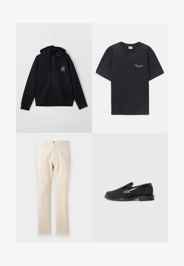 Svart zip-up hettegenser laget av myk stoff, med foret hette, to frontlommer og en liten hvit logo på venstre bryst.; Svart kortermet t-skjorte med rund hals og liten hvit "Filling Pieces" tekstlogo på venstre bryst.; Beige bomullsbukser, rett ben design, med knappelukking og beltesløyfer, glatt tekstur, uten synlige mønstre eller detaljer.; Sorte vevde slip-on sko med en glatt lærdetalj på overdelen, design med rund tå og en lavprofil gummisåle.