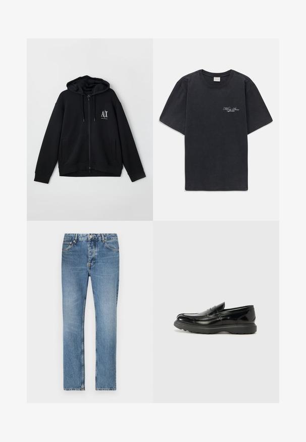 Hanorac negru cu fermoar, fabricat dintr-un material moale, având o glugă căptușită, două buzunare frontale și un mic logo alb pe partea stângă a pieptului.; Tricou negru cu mânecă scurtă și gât rotund, având un mic logo alb "Filling Pieces" pe partea stângă a pieptului.; Jeans din denim de culoare bleu deschis, cu croială dreaptă, cinci buzunare și închidere cu fermoar. Detalii distincte de decolorare și cusături.; Mocasin din piele neagră cu o finisare lucioasă, vârf rotunjit, detalii de cusătură subtile și o talpă groasă din cauciuc pentru durabilitate.