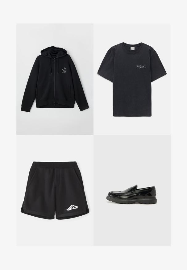 Must mustaga, mis on valmistatud pehmest kangast, voodriga kapuutsiga, kahe esistaskuga ja väikese valge logoga vasakul rinnal.; Must have lühikesed varrukad ümmarguse kaelusega must T-särk, millel vasakul rinnal on väike valge "Filling Pieces" teksti logo.; Mustad must spordilised lühikesed püksid, mis on valmistatud pehmest kangast ja millel on elastne vöökoht. Neil on küljetaskud ja ees on valge logo.; Must musta nahk loafer läikiva viimistlusega, ümar varvas, delikaatsed õmblusdetailid ja paks kummist tallad vastupidavuse tagamiseks.