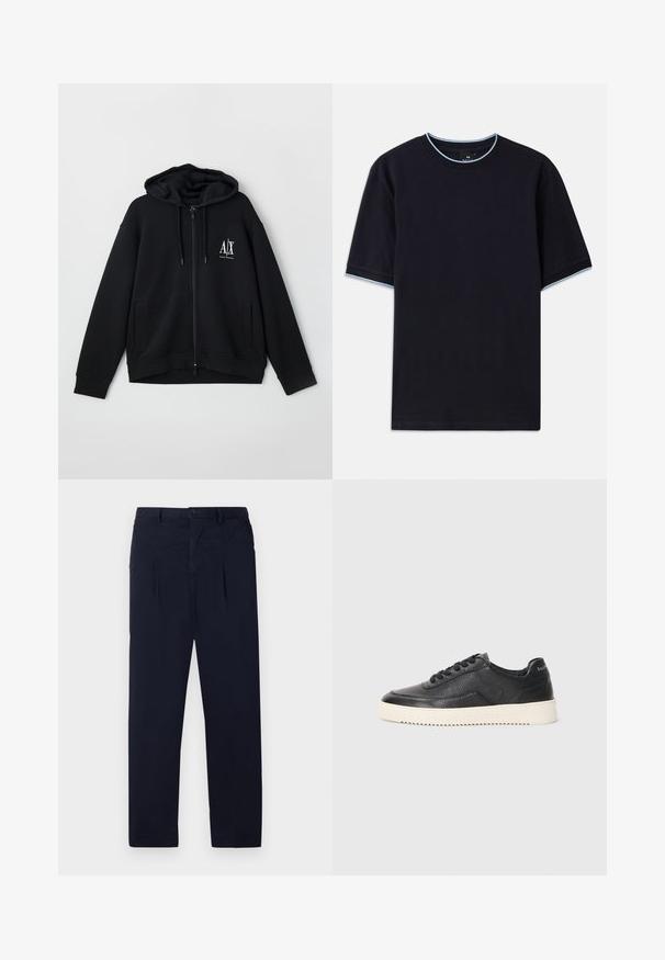 Melnā kapuce ar rāvējslēdzēju, izgatavota no mīksta auduma, ar oderētu kapuci, divām priekšējām kabatām un mazu balto logo kreisajā krūtī.; Tumši zils īsām piedurknēm T-krekls ar apaļu kakla izgriezumu, kura apkaklēs un piedurknēs ir gaismas zilas akcenti. Izgatavots no mīksta kokvilnas auduma.; Tums zilā krāsā, izgatavoti no viegla auduma, ar taisnu priekšpusi, diviem krokām un standarta pogu aizdari jostasvietā.; Melnas ādas sporta kurpes ar struktūru, apaļu purngalu un plakanu baltu gumijas zoli. Iezīmētas ar melnām šņorēm un zīmola logo uz papēža.