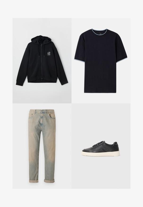 Crna zip-up majica s kapuljačom izrađena od mekanog materijala, s postavljenom kapuljačom, dva prednja džepa i malim bijelim logom na lijevoj strani prsiju.; Tamno plava kratka majica s kapućinom, s okruglim izrezom, s svijetloplavim detaljima na ovratniku i rukavima. Izrađena od mekog pamučnog materijala.; Bež traperice s podvrnutim rubovima, pet džepova i blagim izbleđivanjem. Sadrže šavove duž šavova i jednostavno dugme za zatvaranje.; Crne kožne tenisice s teksturiranim završetkom, okruglim vrhom i ravnim bijelim gumenom potplatom. Karakteriziraju ih crne vezice i branding na peti.