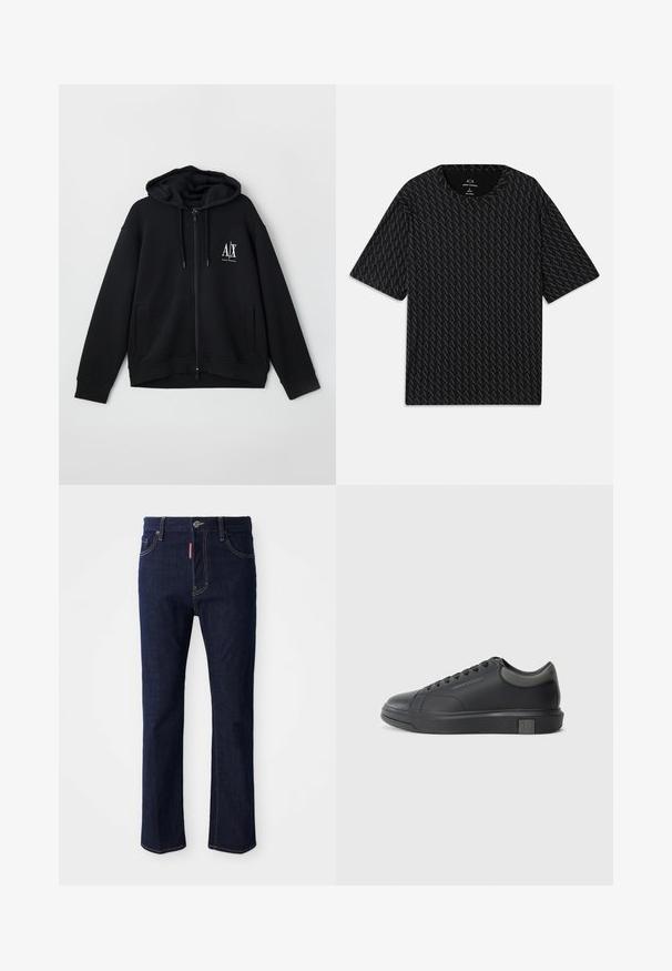 Črna zip-up kapuca iz mehkega blaga, z podloženim kapucem, dvema sprednjima žepoma in majhnim belim logotipom na levi strani prsnega koša.; Črna majica s kratkimi rokavi, ki vsebuje teksturiran vzorec iz izmeničnih logotipov 'A', z okroglim izrezom. Narejena iz lahkega materiala.; Temno modri traper hlače s ravnimi nogami, vidnimi šivi, gumbom za zapiranje in štirimi žepi, vključno z majhnim žepom za kovance.; Črne usnjene teniske s gladko površino, zaobljenim prstom in temno sivo akcenti. Imajo sistem vezanja in teksturiran gumijast podplat.