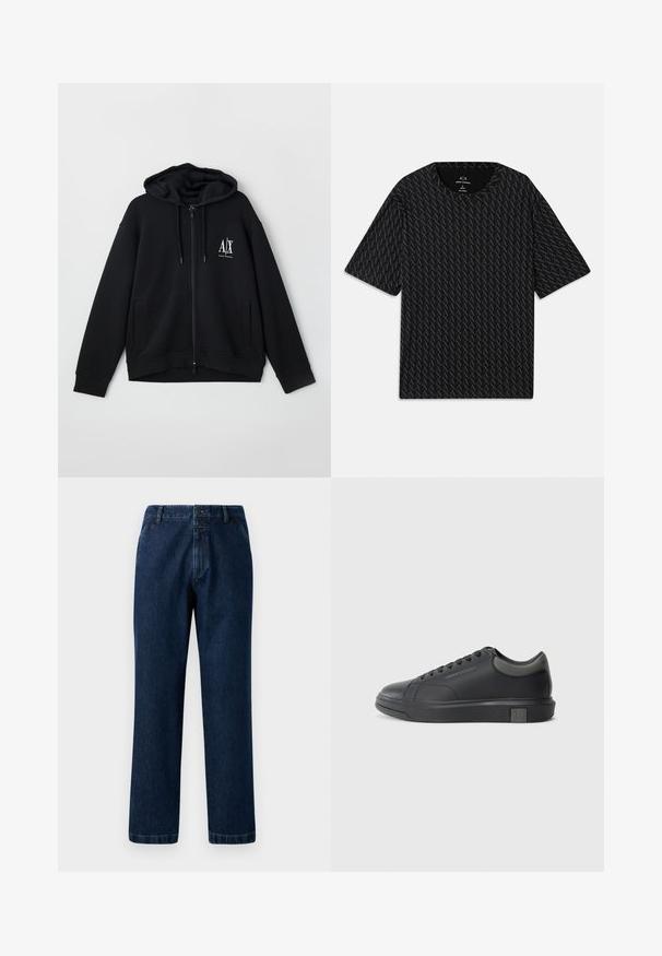 Svart zip-up hettegenser laget av myk stoff, med foret hette, to frontlommer og en liten hvit logo på venstre bryst.; Svart T-skjorte med et teksturert mønster av wekslende 'A' logoer, korte ermer og rund hals. Laget av lett stoff.; Mørkeblå denimjeans med rette ben, knaplukning og bæltesløjfer. Stof har en subtil tekstur og klassiske syninger.; Sorte lærersneakers med en glat finish, rund tå og mørkegrå detaljer. Har snørebånd og en struktureret gummisål.