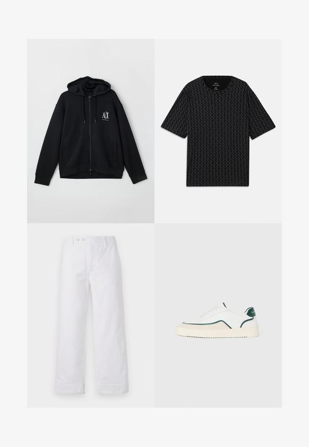 Black zip-up hoodie made of soft fabric, featuring a lined hood, two front pockets, and a small white logo on the left chest.; Black T-shirt featuring a textured pattern of alternating 'A' logos, short sleeves, and a crew neckline. Made from lightweight fabric.; White cotton wide-leg trousers with a high waist, featuring a button closure and turned-up hems. Smooth texture and classic design.; White low-top sneaker with green trim, beige suede detailing, and a cream-colored sole with a ridged bottom.