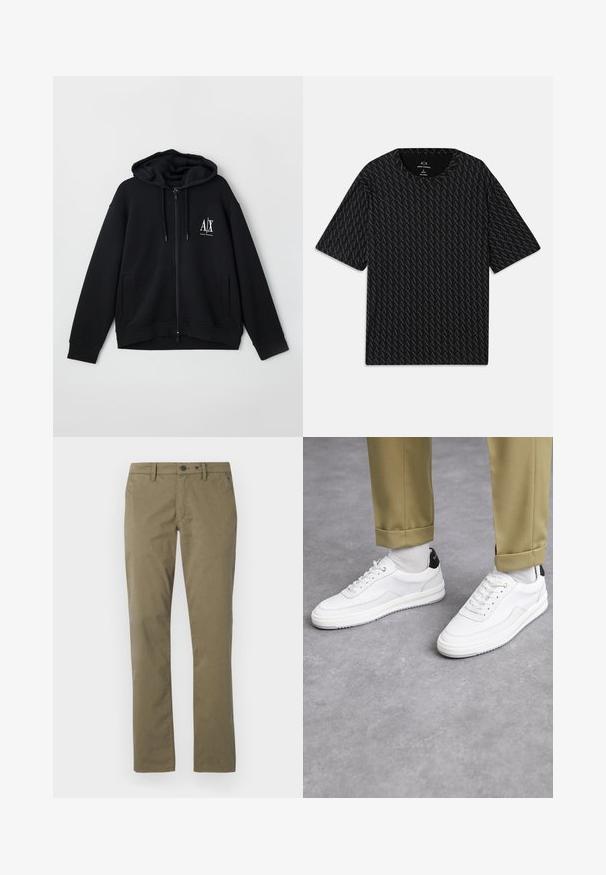 Black zip-up hoodie made of soft fabric, featuring a lined hood, two front pockets, and a small white logo on the left chest.; Black T-shirt featuring a textured pattern of alternating 'A' logos, short sleeves, and a crew neckline. Made from lightweight fabric.; Khaki trousers made of cotton, featuring a straight-leg design, two front pockets, and a button and zipper closure.; White sneakers with a textured leather finish, rounded toe, and black heel accent. Rubber sole with small tread pattern and stitched detail.