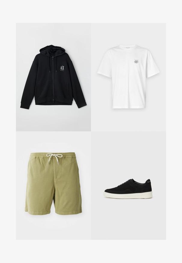 Black zip-up hoodie made of soft fabric, featuring a lined hood, two front pockets, and a small white logo on the left chest.; White t-shirt made of cotton featuring short sleeves, a crew neck, and a small gray logo on the left chest area. Smooth texture.; NN.07 GREGOR - Shorts - green; Black suede sneaker with lace-up design and contrasting white rubber sole. Features textured side panels and subtle branding on the heel.