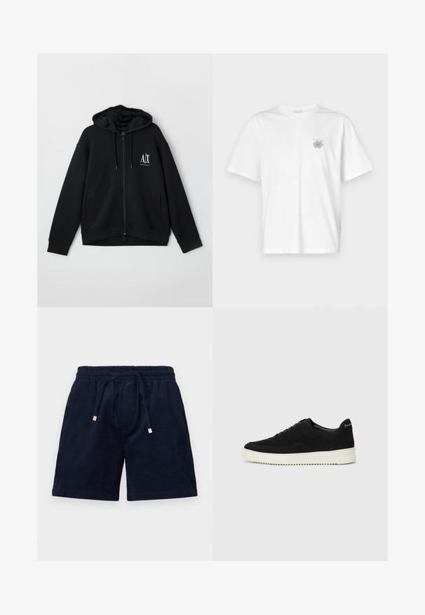 Black zip-up hoodie made of soft fabric, featuring a lined hood, two front pockets, and a small white logo on the left chest.; White t-shirt made of cotton featuring short sleeves, a crew neck, and a small gray logo on the left chest area. Smooth texture.; Navy corduroy shorts with an elastic waistband, adjustable drawstring, and golden metal aglets. Features a soft texture and straight cut.; Black suede sneaker with lace-up design and contrasting white rubber sole. Features textured side panels and subtle branding on the heel.