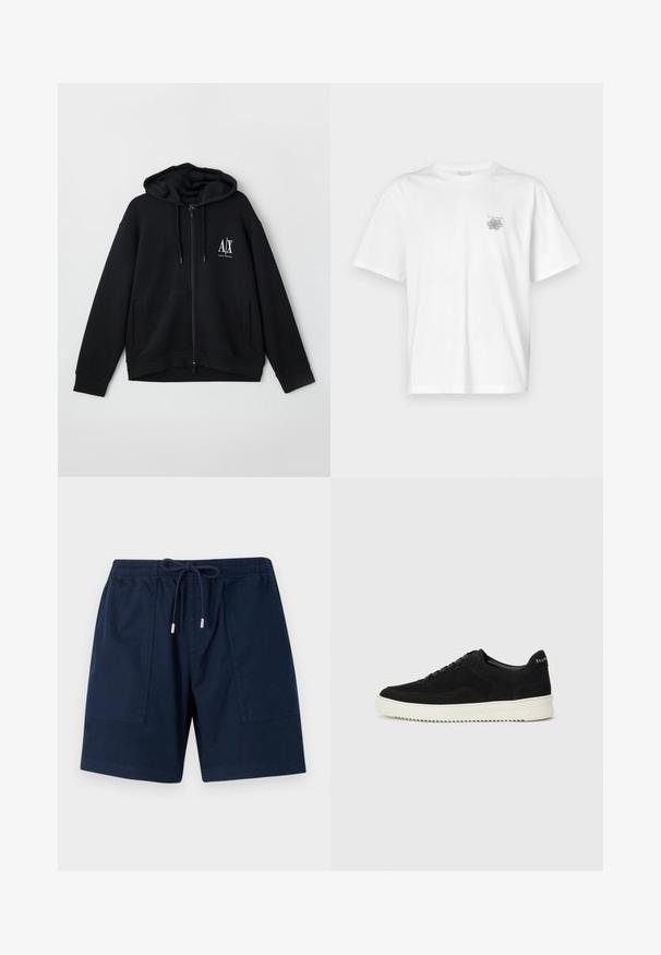 Hoodie noir zippé fabriqué dans un tissu doux, doté d'une capuche doublée, de deux poches avant et d'un petit logo blanc sur la poitrine gauche.; T-shirt blanc en coton avec des manches courtes, un col ras du cou et un petit logo gris sur la partie gauche de la poitrine. Texture lisse.; Shorts bleu marine en tissu léger, dotés d'une taille élastique avec cordon de serrage et de deux poches latérales. Texture lisse.; Baskets en daim noir avec un design à lacets et une semelle en caoutchouc blanc contrastant. Comprend des panneaux latéraux texturés et un logo subtil sur le talon.