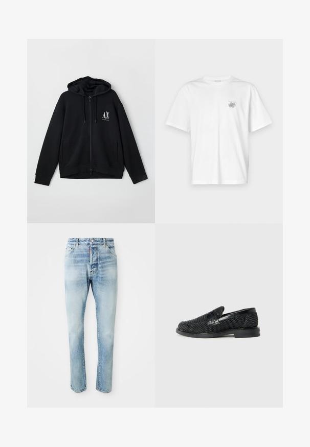 Felpa nera con zip realizzata in morbido tessuto, dotata di cappuccio foderato, due tasche frontali e un piccolo logo bianco sul lato sinistro del petto.; T-shirt bianca in cotone con maniche corte, colletto tondo e un piccolo logo grigio nella zona sinistra del petto. Texture liscia.; Jeans in denim azzurro sbiadito con chiusura a bottone e cerniera, tasche frontali e posteriori, esposti su uno sfondo bianco semplice.; Scarpa nera a mocassino intrecciata con un accentuato in pelle liscia sulla parte superiore, design a punta rotonda e suola in gomma a profilo basso.