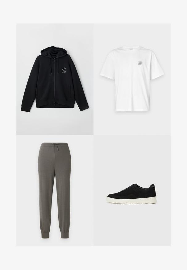 Svart zip-up hettegenser laget av myk stoff, med foret hette, to frontlommer og en liten hvit logo på venstre bryst.; Hvit T-skjorte laget av bomull, med korte ermer, rund hals og en liten grå logo på venstre brystområde. Smooth tekstur.; Grå joggebukser med snøring i livet, avsmalnende sømmer, myk tekstur og et glatt, minimalistisk design.; Svart semsket sneakers med snøring og kontrasterende hvit gummisåle. Har teksturerte sidepaneler og subtil merkevare på hælen.