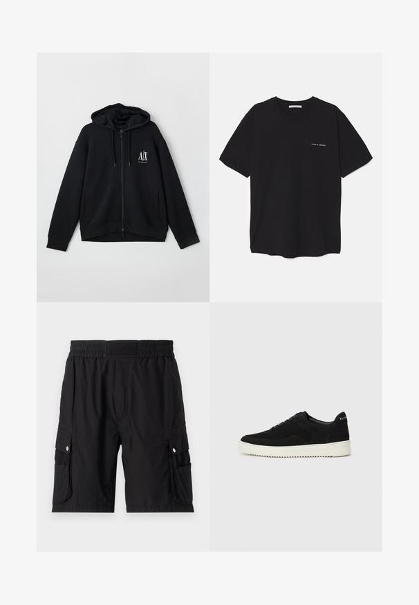 Czarna bluza z kapturem na zamek, wykonana z miękkiego materiału, z podszewką w kapturze, dwoma przednimi kieszeniami oraz małym białym logo na lewej piersi.; Czarny bawełniany T-shirt z okrągłym dekoltem, krótkimi rękawami i białym nadrukiem logo na lewej piersi. Prosty, jednolity kolor.; Czarne szorty cargo z lekkiego materiału, z elastycznym pasem, bocznymi kieszeniami i srebrnymi zatrzaskami.; Czarne zamszowe sneakersy z designem na sznurówki i kontrastującą białą gumową podeszwą. Posiadają teksturowane boczne panele oraz subtelne logo na pięcie.