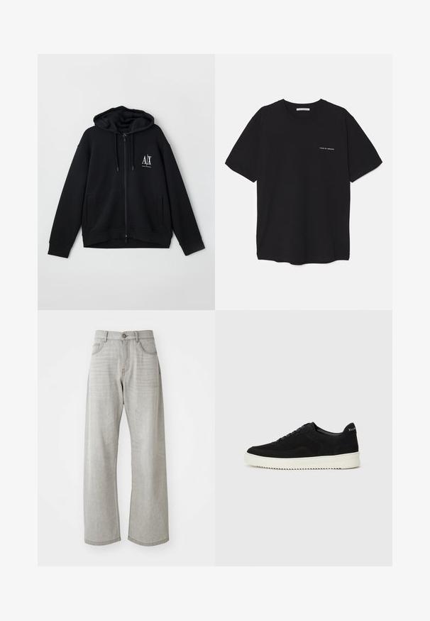 Black zip-up hoodie made of soft fabric, featuring a lined hood, two front pockets, and a small white logo on the left chest.; Black cotton T-shirt with a crew neck, short sleeves, and a white logo print on the left chest. Simple, solid color design.; Light gray wide-leg jeans made from denim. Features classic five-pocket design, button closure, and subtle fading on fabric.; Black suede sneaker with lace-up design and contrasting white rubber sole. Features textured side panels and subtle branding on the heel.