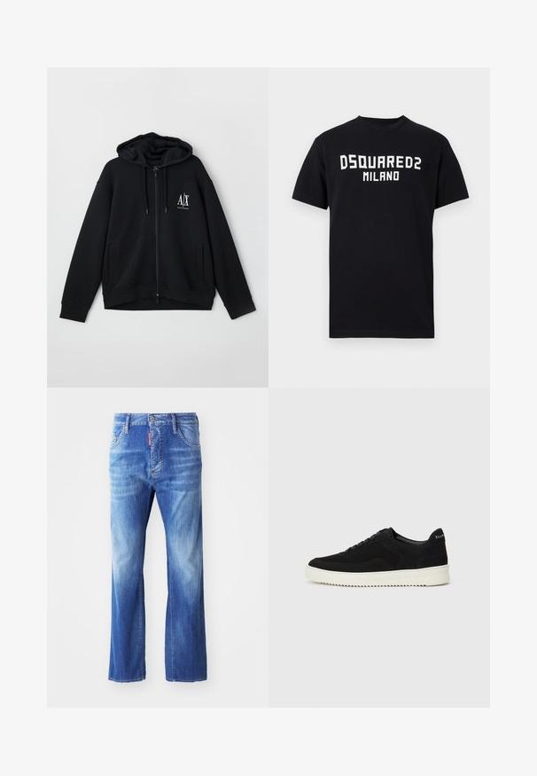 Hanorac negru cu fermoar, fabricat dintr-un material moale, având o glugă căptușită, două buzunare frontale și un mic logo alb pe partea stângă a pieptului.; Tricou negru cu mâneci scurte, cu text alb „DSQUARED2 MILANO” centrat pe piept, decolteu rotund și tiv drept.; Jeanși din denim de culoare albastru deschis, cu croială relaxată, având un aspect decolorat, picioare drepte, design cu cinci buzunare și o etichetă roșie la talie.; Adidași negri din suede cu design cu șireturi și talpă din cauciuc alb contrastant. Prezintă panouri laterale texturate și branding subtil pe toc.