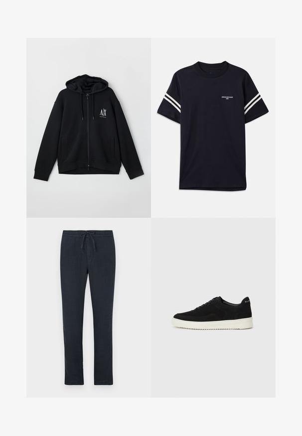 Svart zip-up hettegenser laget av myk stoff, med foret hette, to frontlommer og en liten hvit logo på venstre bryst.; Mörkeblå t-skjorte laget av bomull, med rund hals, korte ermer og hvite striper på skuldrene, med trykket logo på brystet.; Mørkeblå linbukser med snøring i livet, rett ben-design og minimal tekstur. Ingen synlige mønstre eller metalldetaljer.; Svart semsket sneakers med snøring og kontrasterende hvit gummisåle. Har teksturerte sidepaneler og subtil merkevare på hælen.