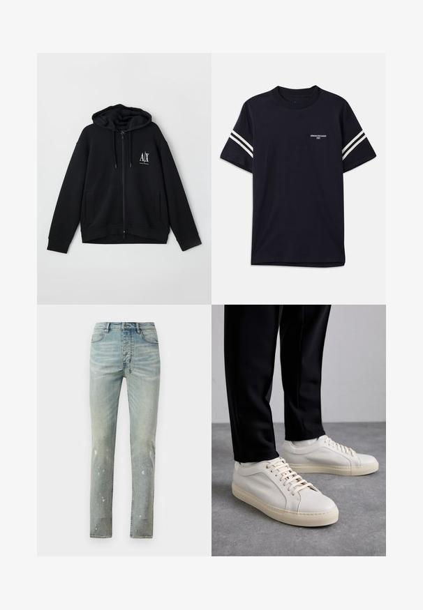 Fekete, cipzáros kapucnis pulóver, puha anyagból készült, bélelt kapucnival, két elülső zsebbel és egy kis fehér logóval a bal mellen.; Sötétkék pamut póló, kerek nyakkal, rövid ujjakkal és fehér csíkokkal a vállakon, mellkasán nyomtatott logóval.; Világoskék, magas derékú, slim fit farmernadrág. Halványabb részek és fröccsenés részletek találhatók rajta. Farmerből készült, ellentétes varrással.; Világos bézs bőr sportcipő lapos fűzőkkel, texturált felülettel és kontrasztos krémszínű gumitalppal, fekete irodai nadrággal párosítva.