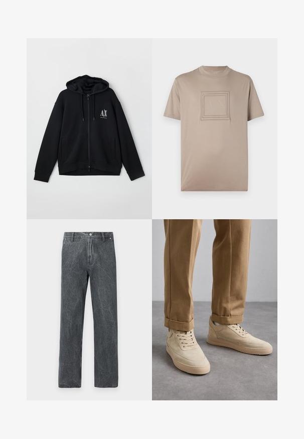 Fekete, cipzáros kapucnis pulóver, puha anyagból készült, bélelt kapucnival, két elülső zsebbel és egy kis fehér logóval a bal mellen.; V krémszínű, rövid ujjú póló sima anyagból készült, középen egy négyzet alakú logóval, amely domború téglalap körvonalakkal készült.; Evisu WORK PANT WITH DISTRESSED BACK DAICOCK SHAPE - Laza szabású farmerek - grey; Beige velúr sportcipők sima felülettel, fűzős kialakítással és gumitalppal, bézs nadrágokkal párosítva, melyek fel vannak hajtva.