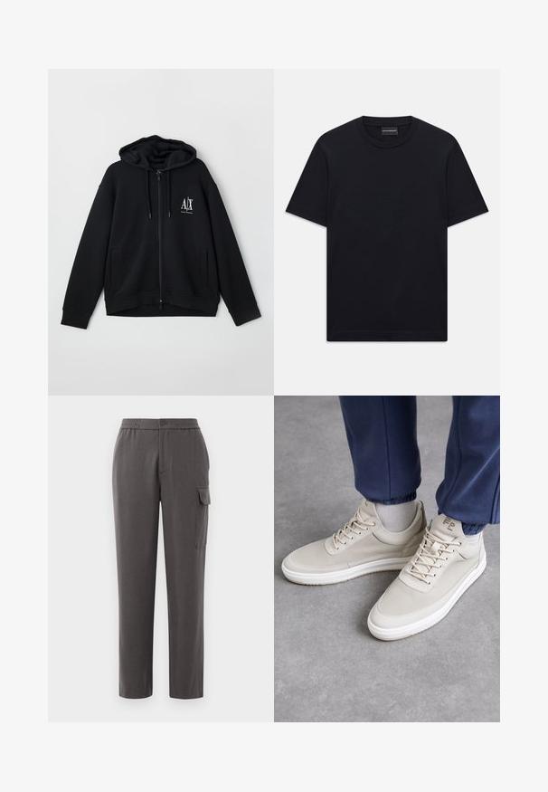 Fekete, cipzáros kapucnis pulóver, puha anyagból készült, bélelt kapucnival, két elülső zsebbel és egy kis fehér logóval a bal mellen.; Fekete, rövid ujjú, kerek nyakú póló, amelyen a mellkason finoman domború logó található, valamint egy márkás címke a nyakában.; Szürke, laza szabású nadrág, sima anyagból készült. Gombos záródással, oldalsó zsebekkel és egy cargo zsebbel rendelkezik a lábon.; Beige sportcipő, texturált anyagból, kerek orrú, fűzős és minimalista dizájnnal. Fehér talp világos barna részletekkel. Tengerészkék melegítőnadrággal viselve.
