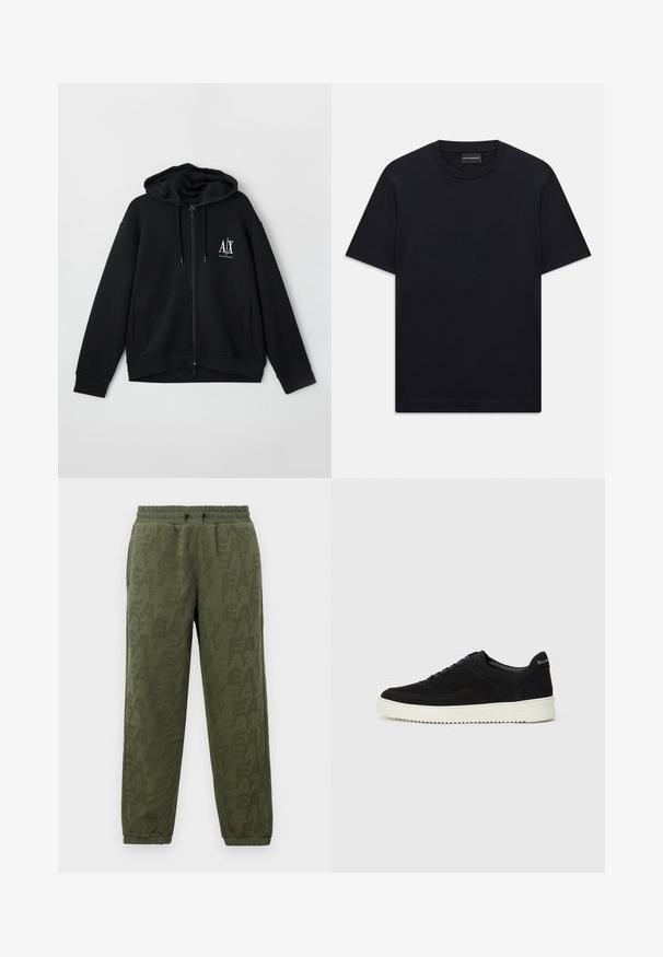 Svart zip-up hettegenser laget av myk stoff, med foret hette, to frontlommer og en liten hvit logo på venstre bryst.; Svart kortermet T-skjorte med rund hals og subtil preget logo-design sentrert på brystet, samt et merke inne i halsen.; Olivengrønne fleece joggebukser med elastisk liv og mansjetter, med diskret tonal EA7-logo mønster over hele.; Svart semsket sneakers med snøring og kontrasterende hvit gummisåle. Har teksturerte sidepaneler og subtil merkevare på hælen.