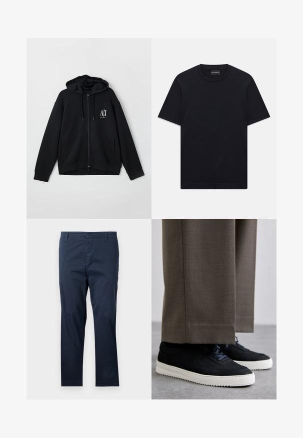 Felpa nera con zip realizzata in morbido tessuto, dotata di cappuccio foderato, due tasche frontali e un piccolo logo bianco sul lato sinistro del petto.; T-shirt nero a maniche corte con colletto a girocollo, dotato di un sottile motivo a rilievo al centro del petto e di un'etichetta di marca all'interno del colletto.; Pantaloni in cotone blu navy con taglio dritto, dotati di passanti per cintura e zip, texture liscia e finitura pulita agli orli.; Sneakers in suede nera con suole in gomma bianca, dotati di punta tonda e lacci, indossati con pantaloni grigi su misura.