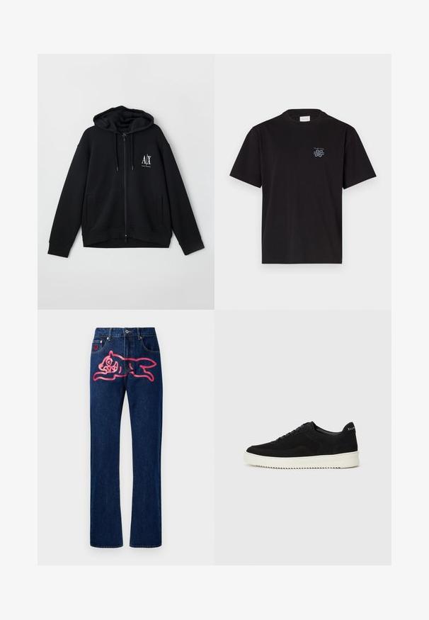 Czarna bluza z kapturem na zamek, wykonana z miękkiego materiału, z podszewką w kapturze, dwoma przednimi kieszeniami oraz małym białym logo na lewej piersi.; Czarny bawełniany t-shirt z okrągłym dekoltem i krótkimi rękawami. Posiada małe niebieskie logo na lewej piersi. Prosty, prosty krój.; Jeans dżinsowe o prostym kroju. Ciemnoniebieski kolor, z dużym różowym wzorem kota na tylnej kieszeni. Klasyczny metalowy guzik i nity.; Czarne zamszowe sneakersy z designem na sznurówki i kontrastującą białą gumową podeszwą. Posiadają teksturowane boczne panele oraz subtelne logo na pięcie.