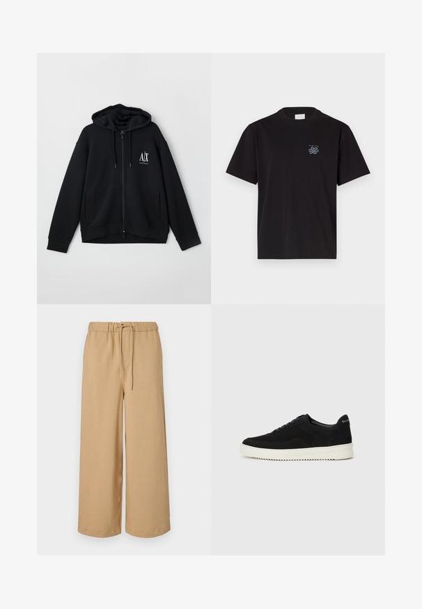 Black zip-up hoodie made of soft fabric, featuring a lined hood, two front pockets, and a small white logo on the left chest.; Black cotton t-shirt with a crew neck and short sleeves. Features a small blue logo on the left chest. Simple, straight-cut design.; Beige wide-leg pants made of soft fabric, featuring an elastic waistband with a drawstring, side pockets, and a straight cut.; Black suede sneaker with lace-up design and contrasting white rubber sole. Features textured side panels and subtle branding on the heel.