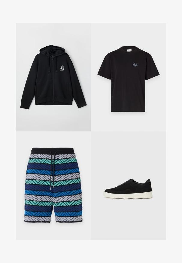 Černá zipová mikina vyrobená z měkké látky, s podšívkou kapuce, dvěma předními kapsami a malým bílým logem na levé části hrudníku.; Černé bavlněné tričko s kulatým výstřihem a krátkými rukávy. Na levé části hrudi se nachází malé modré logo. Jednoduchý, rovně střižený design.; Barevné šortky s cik-cak vzorem v odstínech námořnické modré, modré, zelené a šedé. Mají černý pas s šňůrkou na stažení.; Černé semišové tenisky s krajkovým designem a kontrastní bílou gumovou podrážkou. Obsahují texturované boční panely a jemné branding na patě.