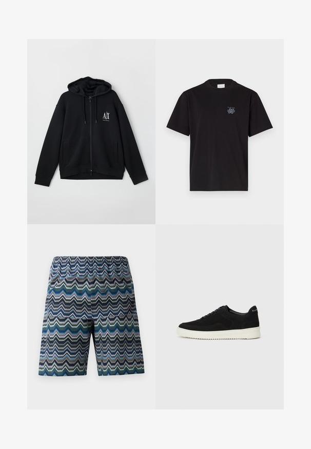 Sweatshirt preto com fecho éclair, feito de um tecido macio, apresentando um capuz forrado, dois bolsos frontais e um pequeno logótipo branco no lado esquerdo do peito.; T-shirt de algodão preto com gola redonda e mangas curtas. Apresenta um pequeno logotipo azul no lado esquerdo do peito. Design simples e reto.; calções de homem com um padrão em zigue-zague nas cores azul, verde e preto. Cintura elástica, corte até aos joelhos e tecido leve.; Sapatilhas de camurça pretas com design de atacadores e sola de borracha branca em contraste. Apresenta painéis laterais texturizados e uma marcação discreta no calcanhar.