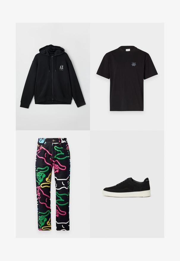 Sweatshirt preto com fecho éclair, feito de um tecido macio, apresentando um capuz forrado, dois bolsos frontais e um pequeno logótipo branco no lado esquerdo do peito.; T-shirt de algodão preto com gola redonda e mangas curtas. Apresenta um pequeno logotipo azul no lado esquerdo do peito. Design simples e reto.; Jeans de ganga com uma base preta e padrões abstratos coloridos em rosa, verde, azul, amarelo e branco. Design padrão de cinco bolsos.; Sapatilhas de camurça pretas com design de atacadores e sola de borracha branca em contraste. Apresenta painéis laterais texturizados e uma marcação discreta no calcanhar.