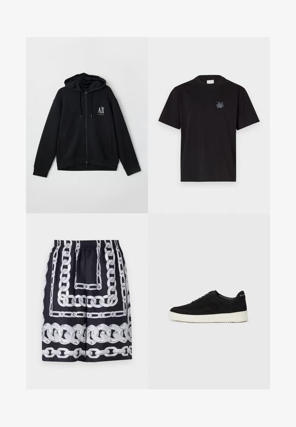 Black zip-up hoodie made of soft fabric, featuring a lined hood, two front pockets, and a small white logo on the left chest.; Black cotton t-shirt with a crew neck and short sleeves. Features a small blue logo on the left chest. Simple, straight-cut design.; Black shorts featuring large silver chain patterns, with an elastic waistband and a loose fit, crafted from a smooth fabric.; Black suede sneaker with lace-up design and contrasting white rubber sole. Features textured side panels and subtle branding on the heel.