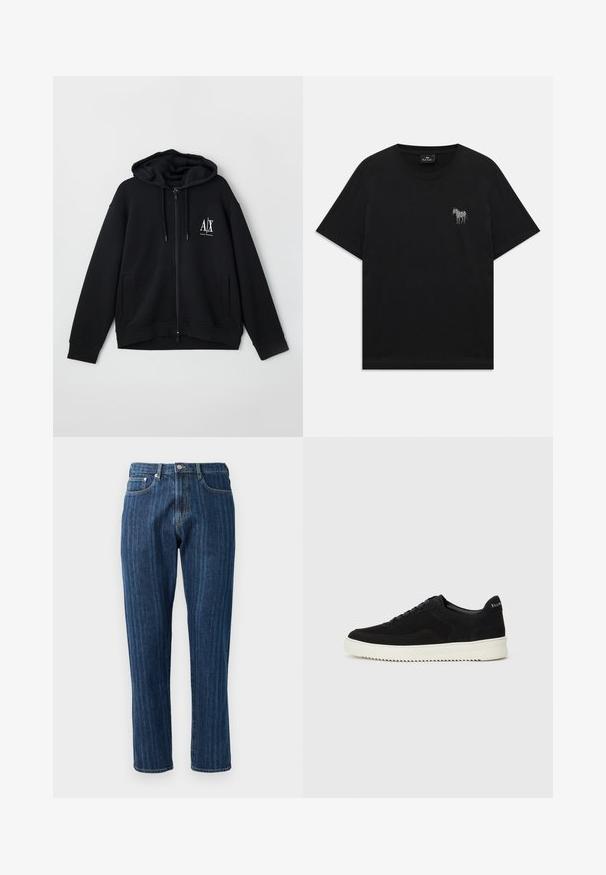 Must mustaga, mis on valmistatud pehmest kangast, voodriga kapuutsiga, kahe esistaskuga ja väikese valge logoga vasakul rinnal.; Must kõhulus T-särk musta värvi, millel on vasakul rinnal väike valge elevandiluu tikand ja ümar kaelus.; Tumed sinise denimiga teksad sirge säärega, nähtava õmblusega, viie taskuga disain ja nööbiga sulgur vööl.; Mustad suede jooksujalatsid, millel on paelad ja kontrastne valge kummitald. Omab tekstuuriga külgpaneele ja tagasihoidlikku brändimist kandadel.