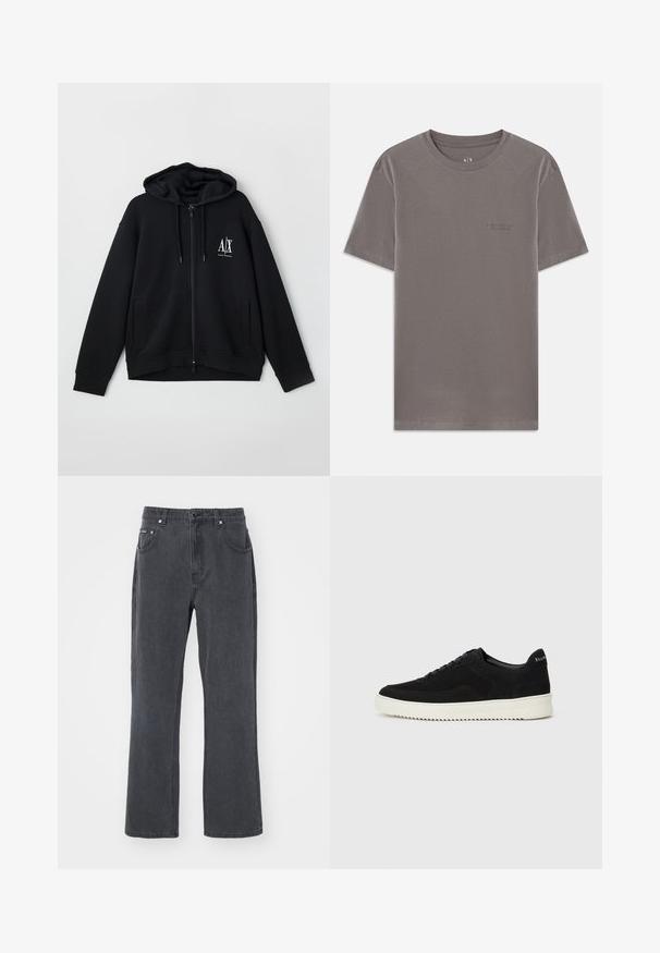 Črna zip-up kapuca iz mehkega blaga, z podloženim kapucem, dvema sprednjima žepoma in majhnim belim logotipom na levi strani prsnega koša.; Siva kratka majica s kratkimi rokavi, izdelana iz mehke bombažne tkanine. Okrogli ovratnik z majhnim vtisnjenim logotipom na levem prsnem delu. Gladka tekstura, običajen kroj.; Temno sivi jeans z ravnim krojem, petimi žepi in kovinskim gumbom za zapiranje. Mehka tekstura in minimalne podrobnosti.; Črni semiš teniški copati z vezalkami in kontrastnim belim gumijastim podplatom. Imajo teksturirane stranske panele in subtilno oznako na peti.