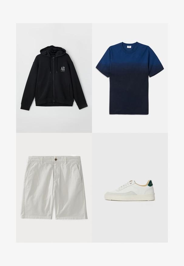 Črna zip-up kapuca iz mehkega blaga, z podloženim kapucem, dvema sprednjima žepoma in majhnim belim logotipom na levi strani prsnega koša.; Mornarsko modra bombažna majica s krožnim izrezom, kratkimi rokavi in subtilnim gradientnim vzorcem, ki prehaja od svetlejših do temnejših odtenkov.; Beli bombažne kratke hlače z gumbom, zankami za pas in stranskimi žepi. Tkanina se zdi gladka z klasičnim, krojenim dizajnom.; Bela trenerka z zaključki iz semiša, okroglo konico, ravne vezalke in kremna gumijasta podplata. Ima zeleno blagovno znamko na peti.