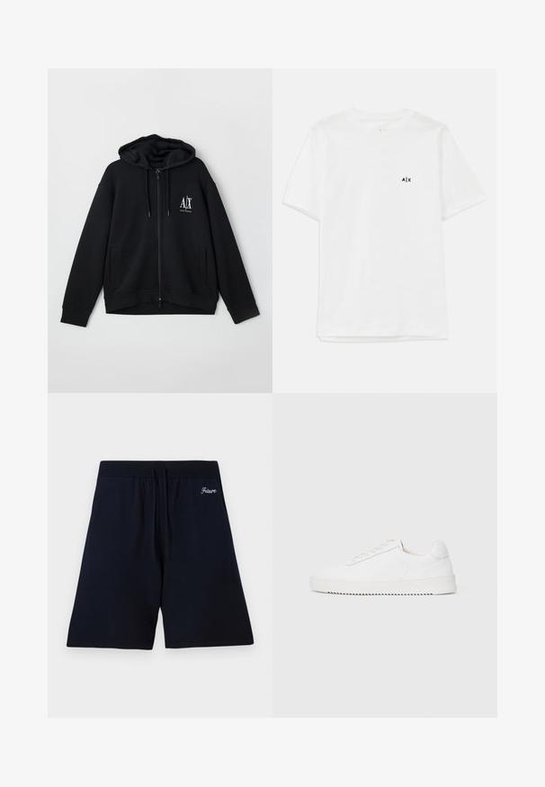Schwarze Zip-Hoodie aus weichem Stoff, mit gefütterter Kapuze, zwei Fronttaschen und einem kleinen weißen Logo auf der linken Brust.; Weißes Baumwoll-T-Shirt mit kurzen Ärmeln und Rundhalsausschnitt, mit einem kleinen schwarzen Logo auf der linken Brust. Glatte Textur, schlichtes Design.; Marineblaue Shorts aus weichem Stoff, mit einem elastischen Bund und Kordeln, sowie gesticktem Text "Future" nahe der Oberkante.; Weißer Sneaker mit einem Obermaterial aus glattem Leder, abgerundetem Zehenbereich, Schnürsenkeln, strukturierten seitlichen Akzenten und einer dicken Gummisohle. Minimalistisches Design.